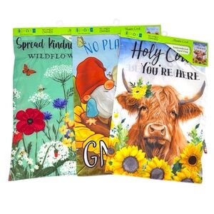 Lot Of 3 Meadow Creek Welcome Gnome/Cow/Flowers Yard/Garden Flags 11.5in x 18”